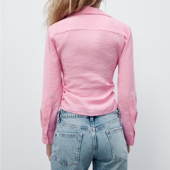 Zara Pink Ruched Long Sleeve Button Down Shirt - Picture 5 of 12